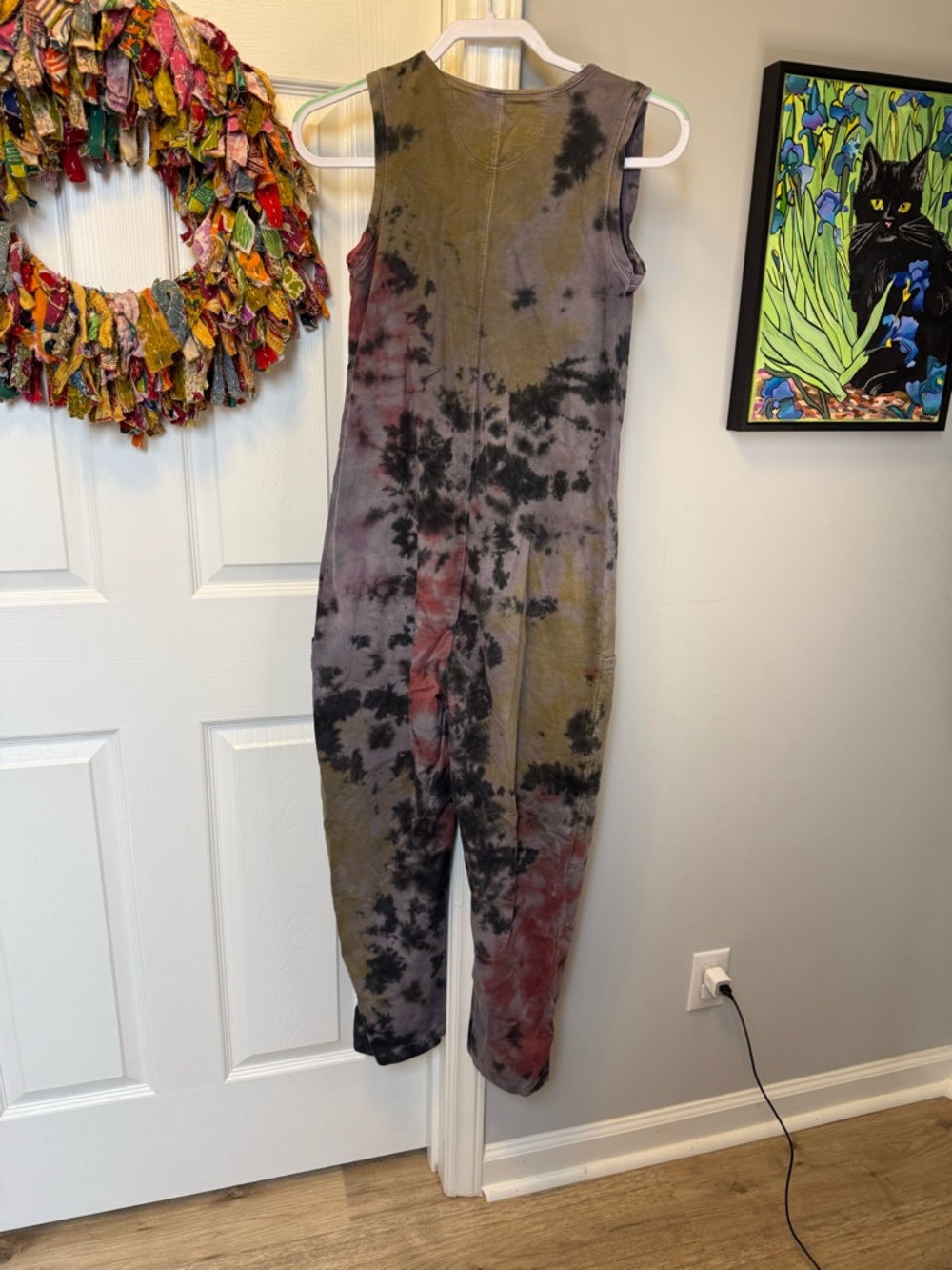Organic Cotton Sleeveless Tie-Dye Jumpsuit in Purplish Gray, Black Green & Pink - Picture 5 of 10